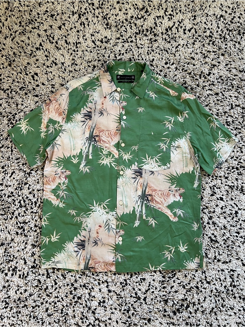 Allsaints Timor Short Sleeve Shirt Relaxed Lightweight Green Tiger Print Medium